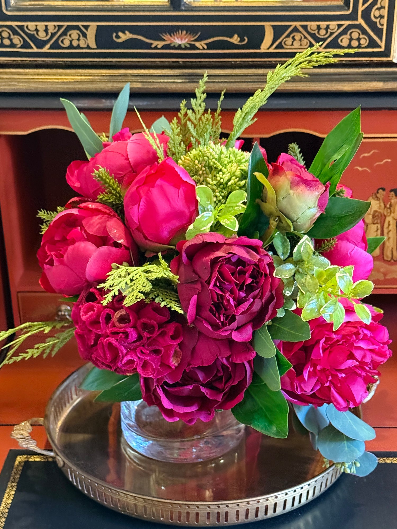 Fuchsia, magenta, and red winter faux floral drop-in bouquet