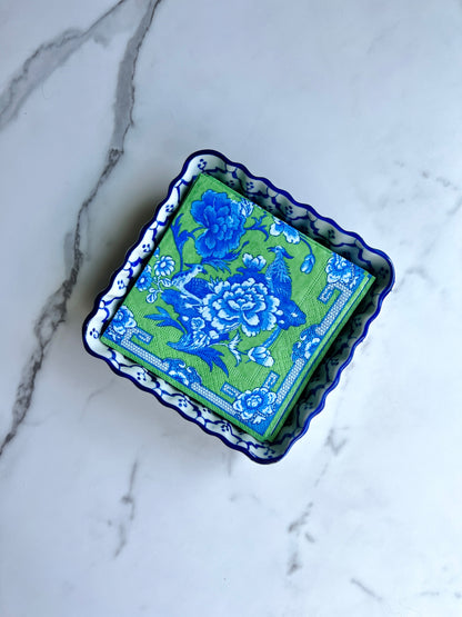 Blue and white cocktail napkin caddy, catch all tray