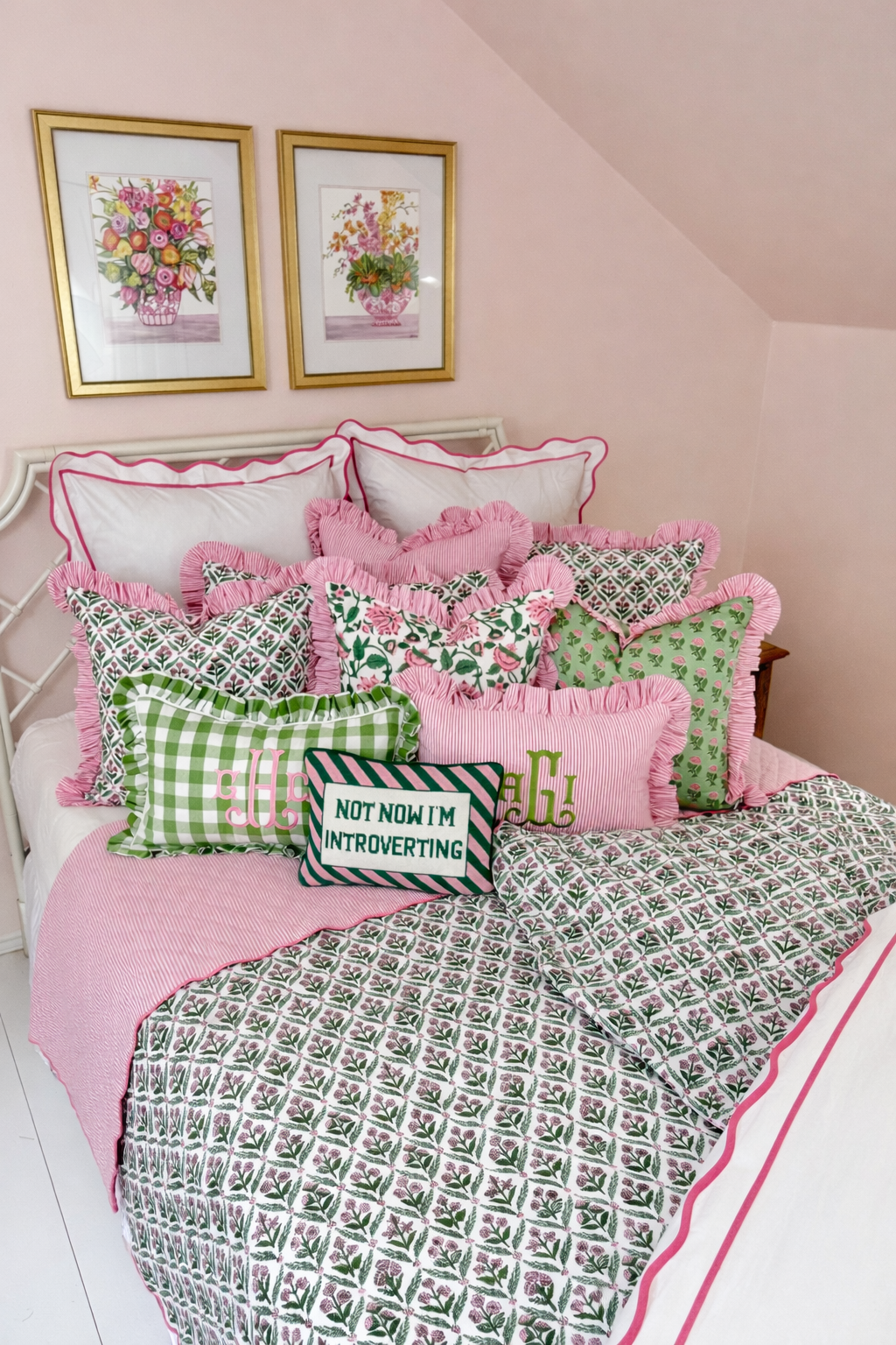 Pink and green floral trellis block print bedding collection