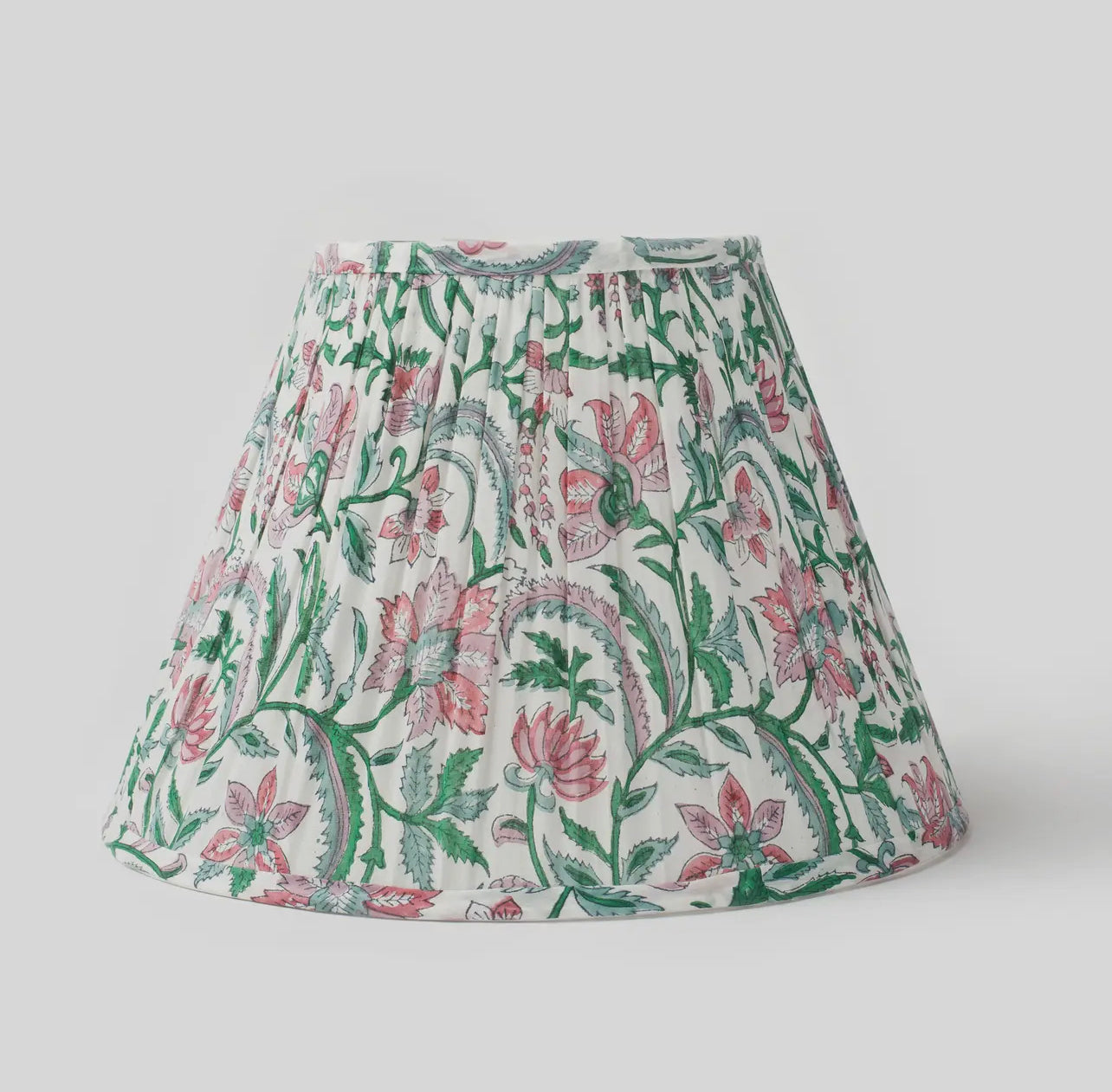 Gathered printed lampshades, pink and green floral