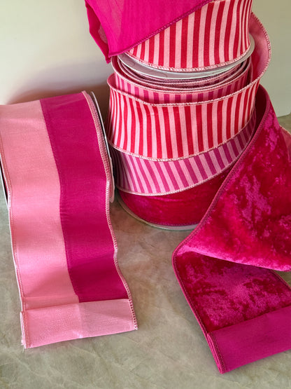 Pink and fuchsia striped ribbon by the roll, 2.5” x 10 yards