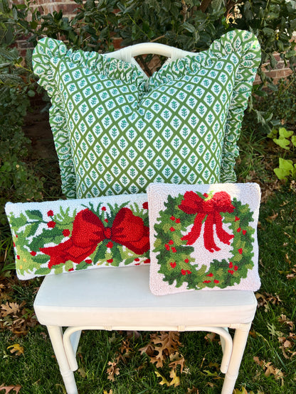 Little holiday wreath hand hooked pillow