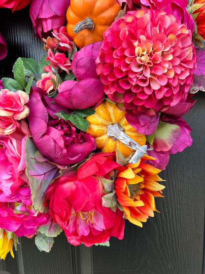 Pink and orange pumpkin Fall floral wreath