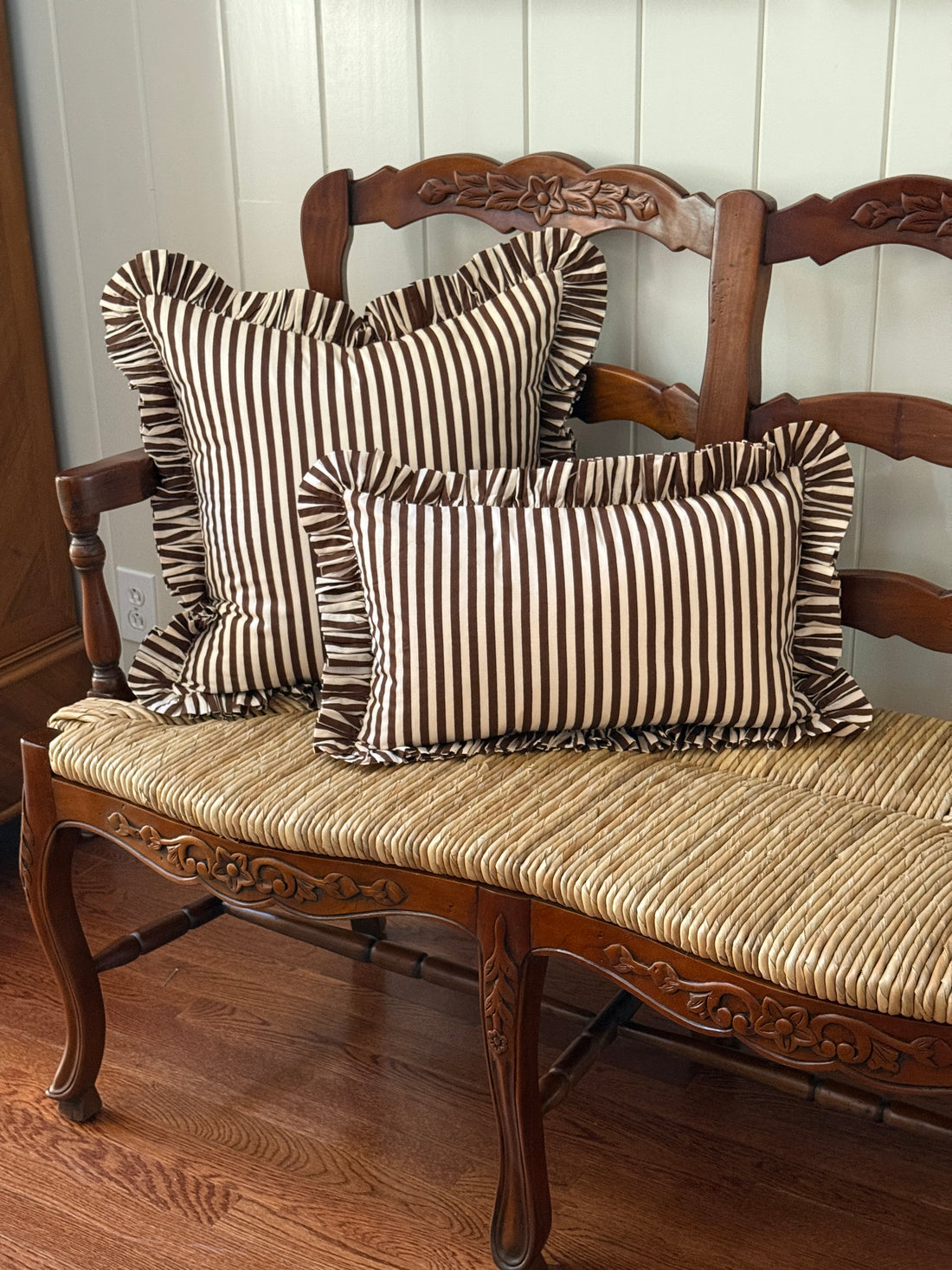 Brown and cream striped ruffle pillow cover, two sizes