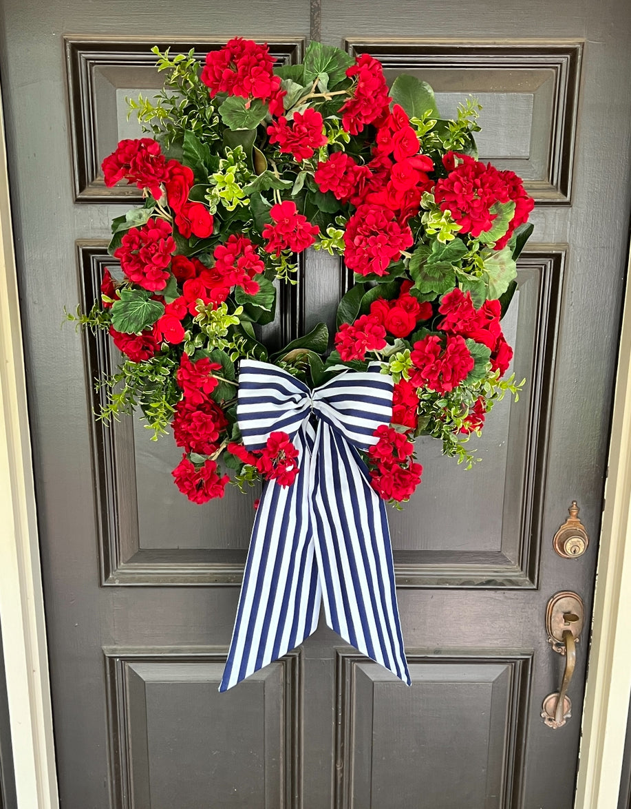 Red geranium and begonia wreath 30”