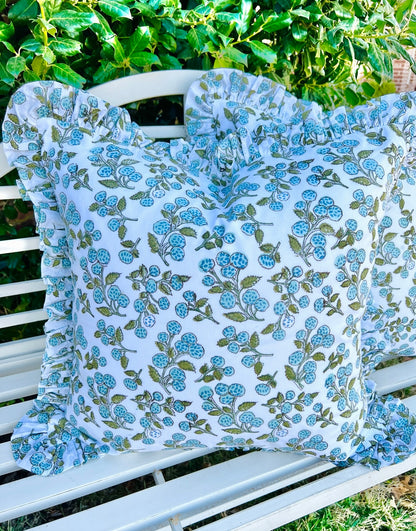 Light blue and green berry block print ruffle pillow cover