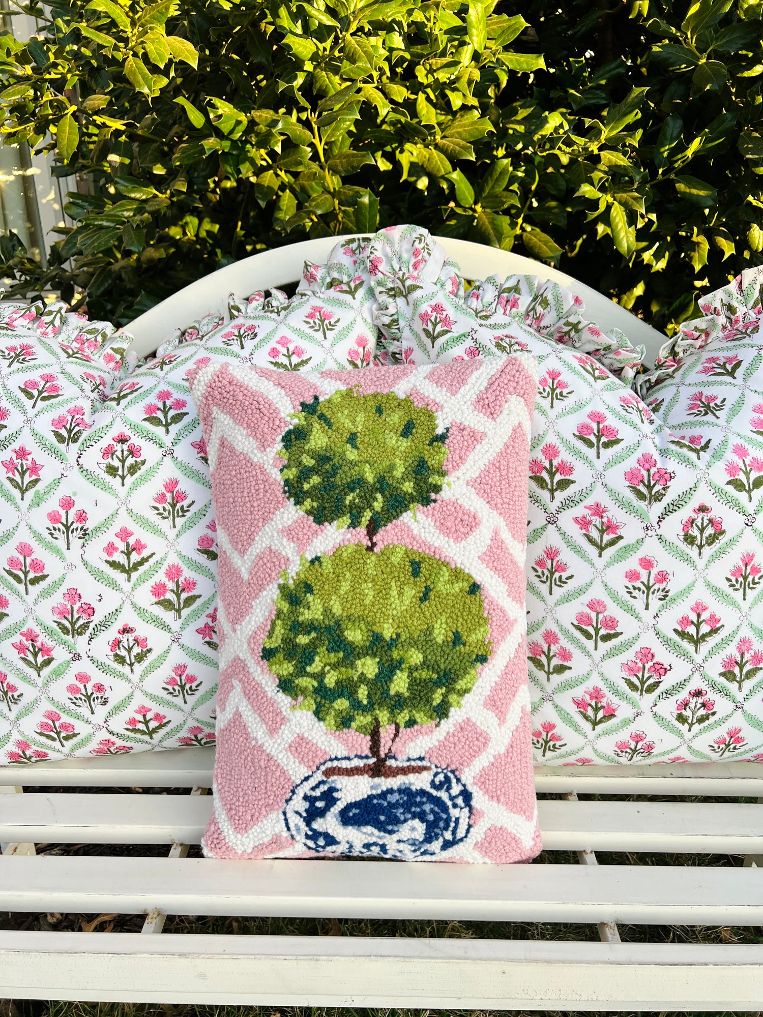 Pink trellis hooked wool topiary pillow