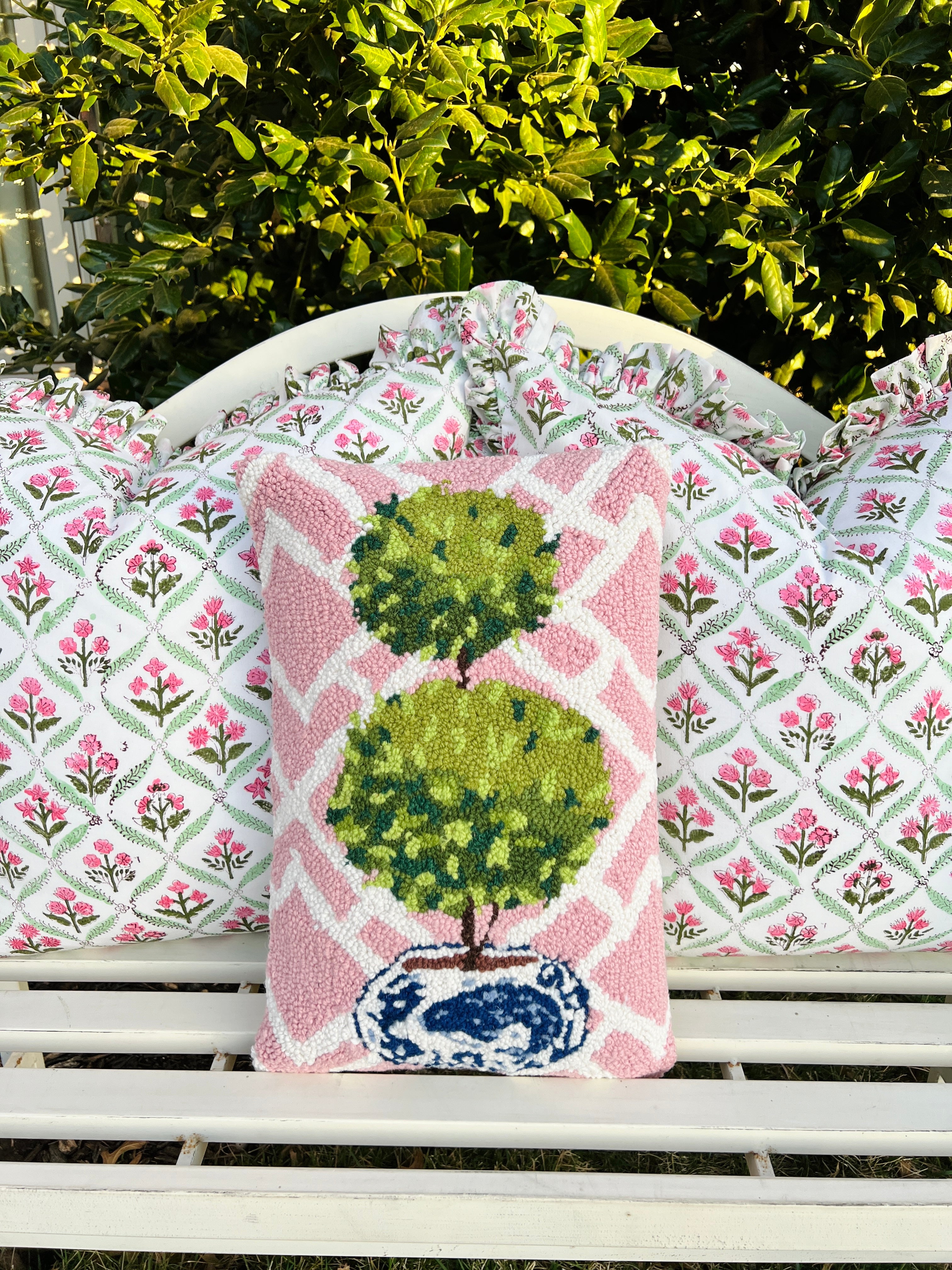 Pink trellis hooked wool topiary pillow