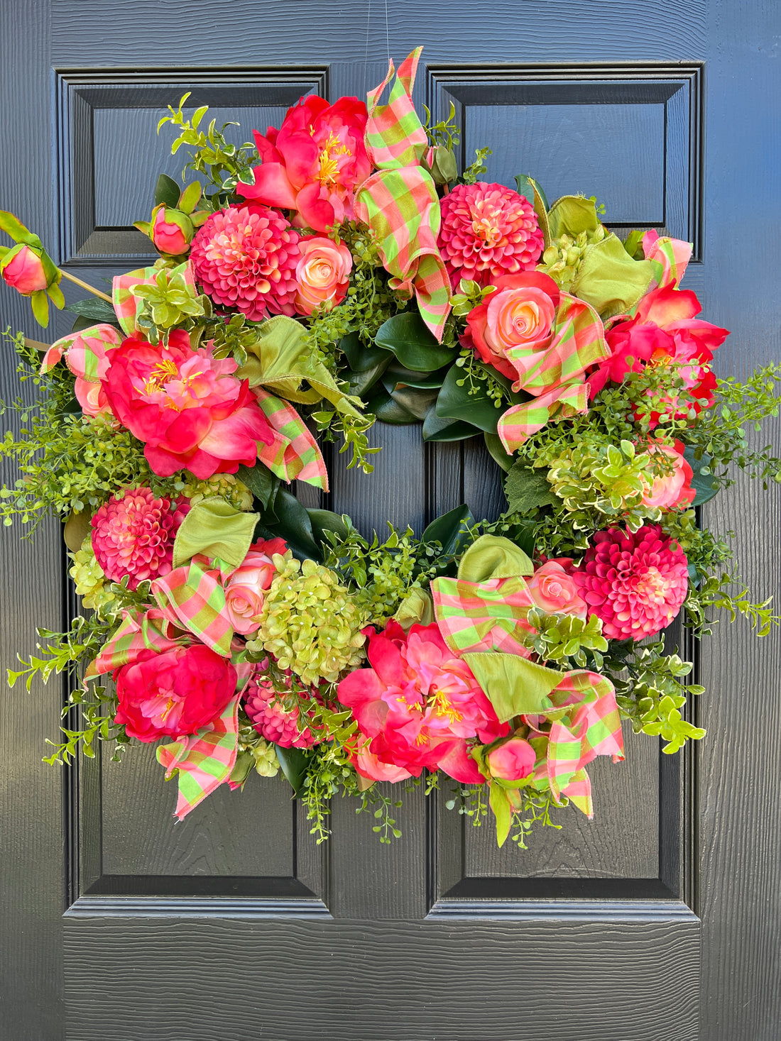 Coral and green Spring and Summer wreath with optional gingham dupioni ribbon