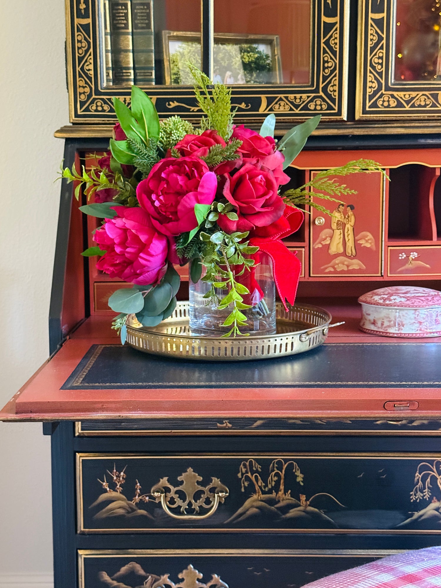 Fuchsia, magenta, and red winter faux floral drop-in bouquet