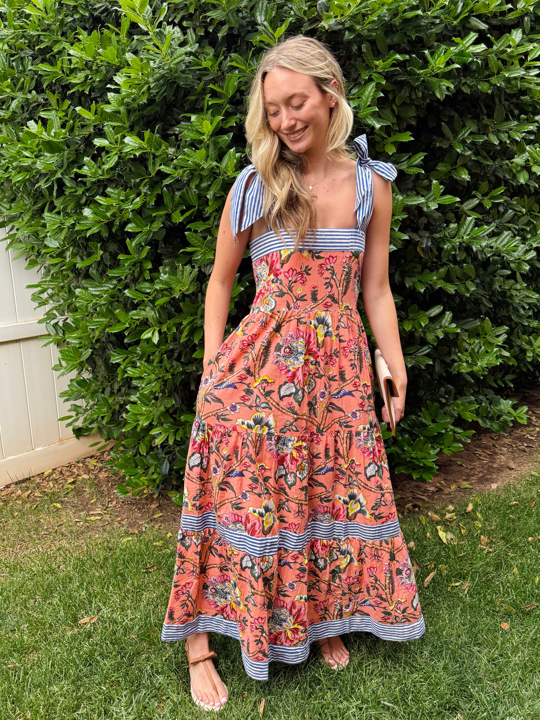 Maisie Maxi Dress in Coral English Floral block print