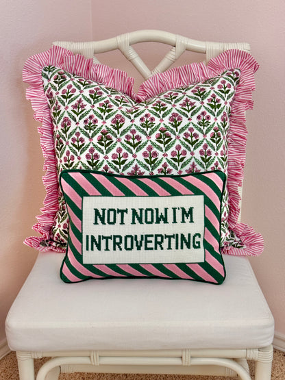 Needlepoint pillow, pink and green Introverting