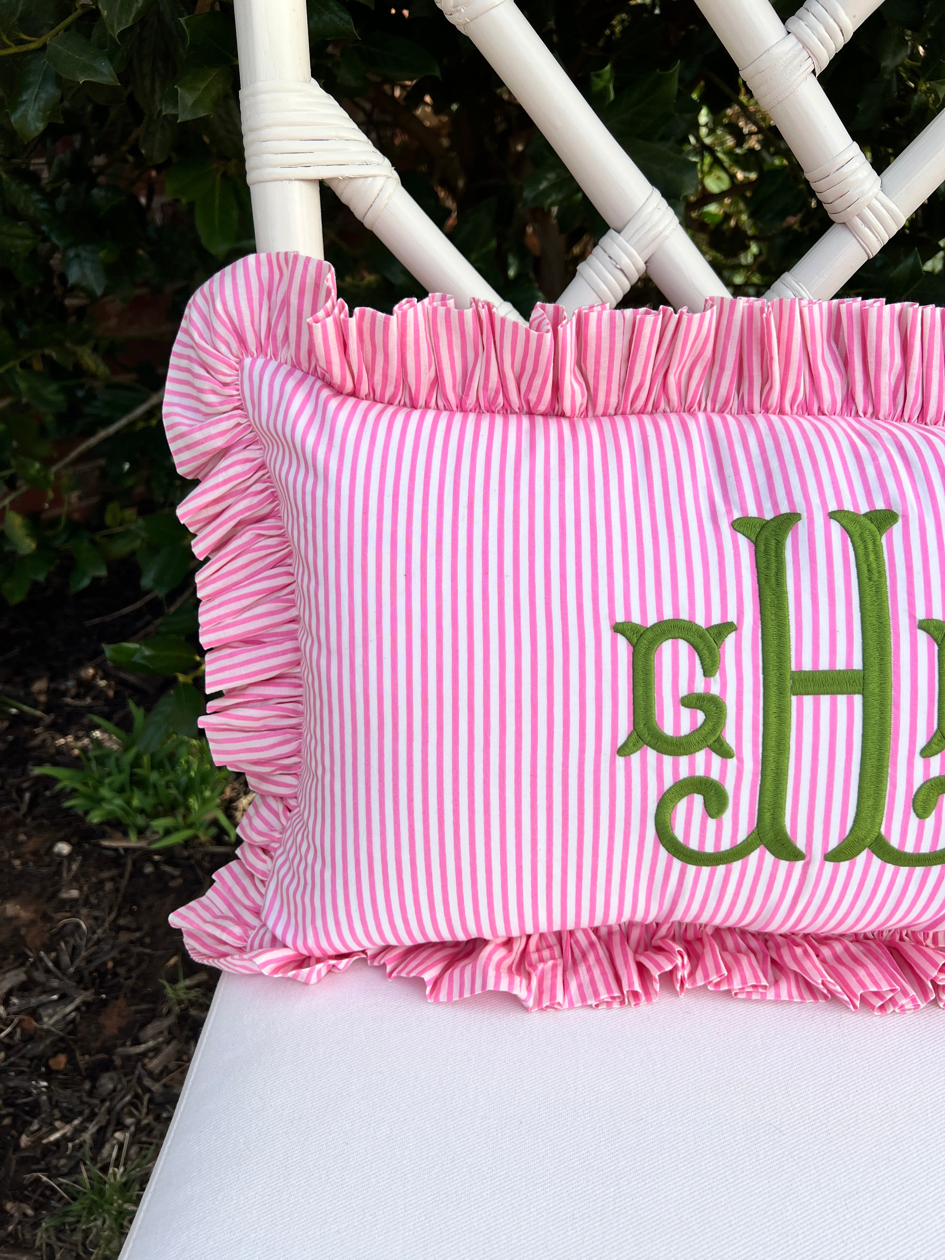 Pink striped ruffle pillow cover