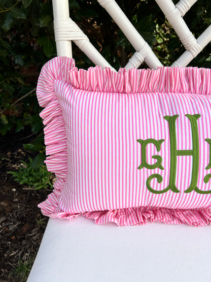 Pink striped ruffle pillow cover