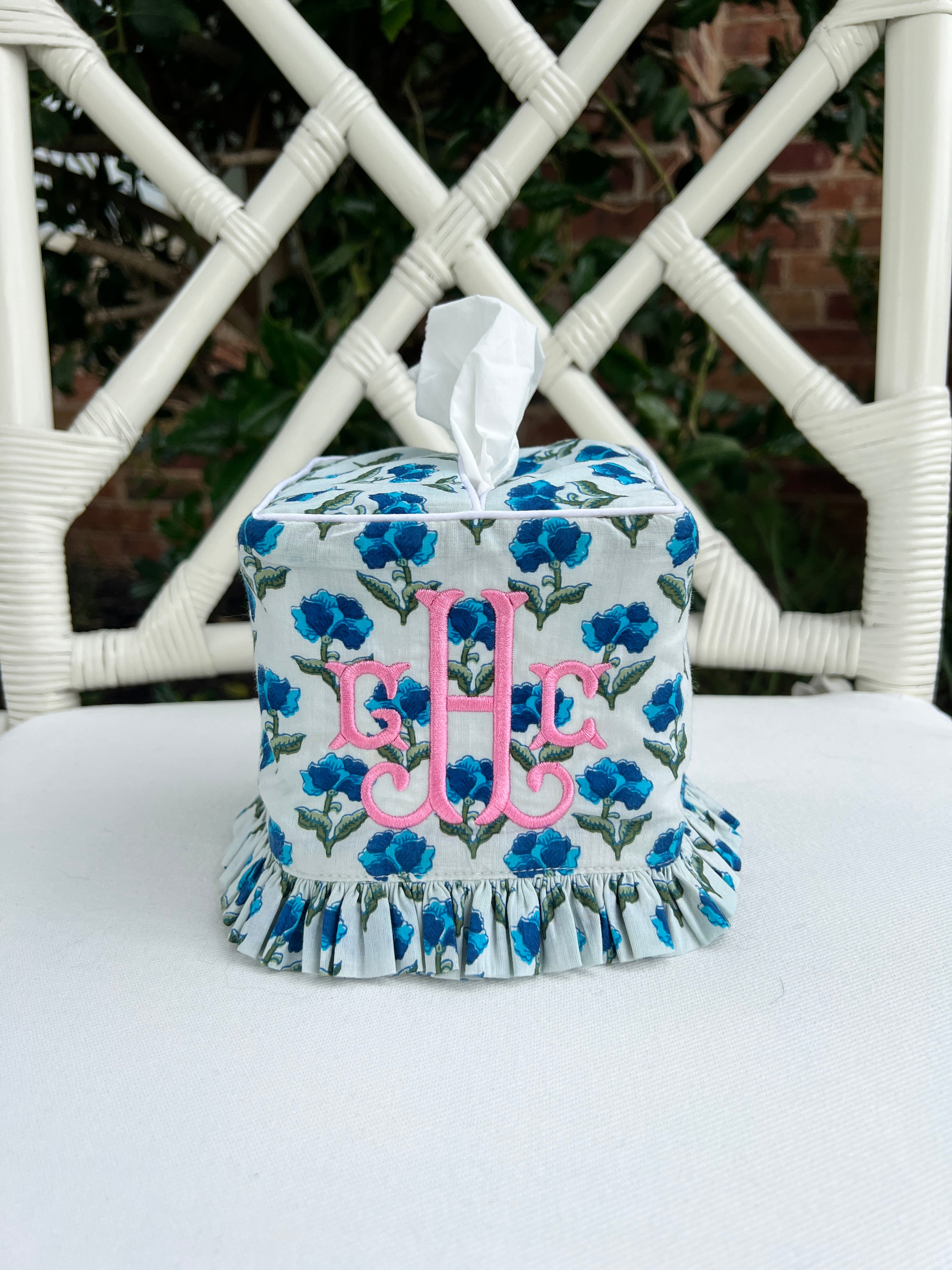 Green and blue floral ruffle tissue cover, custom monogram available ...