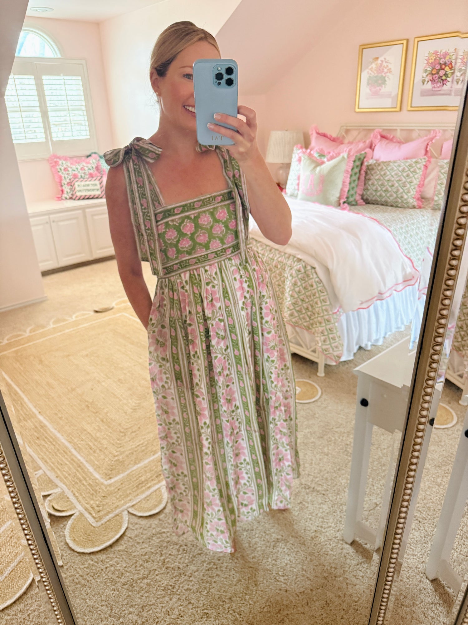Lottie dress with tie shoulders in pink and green