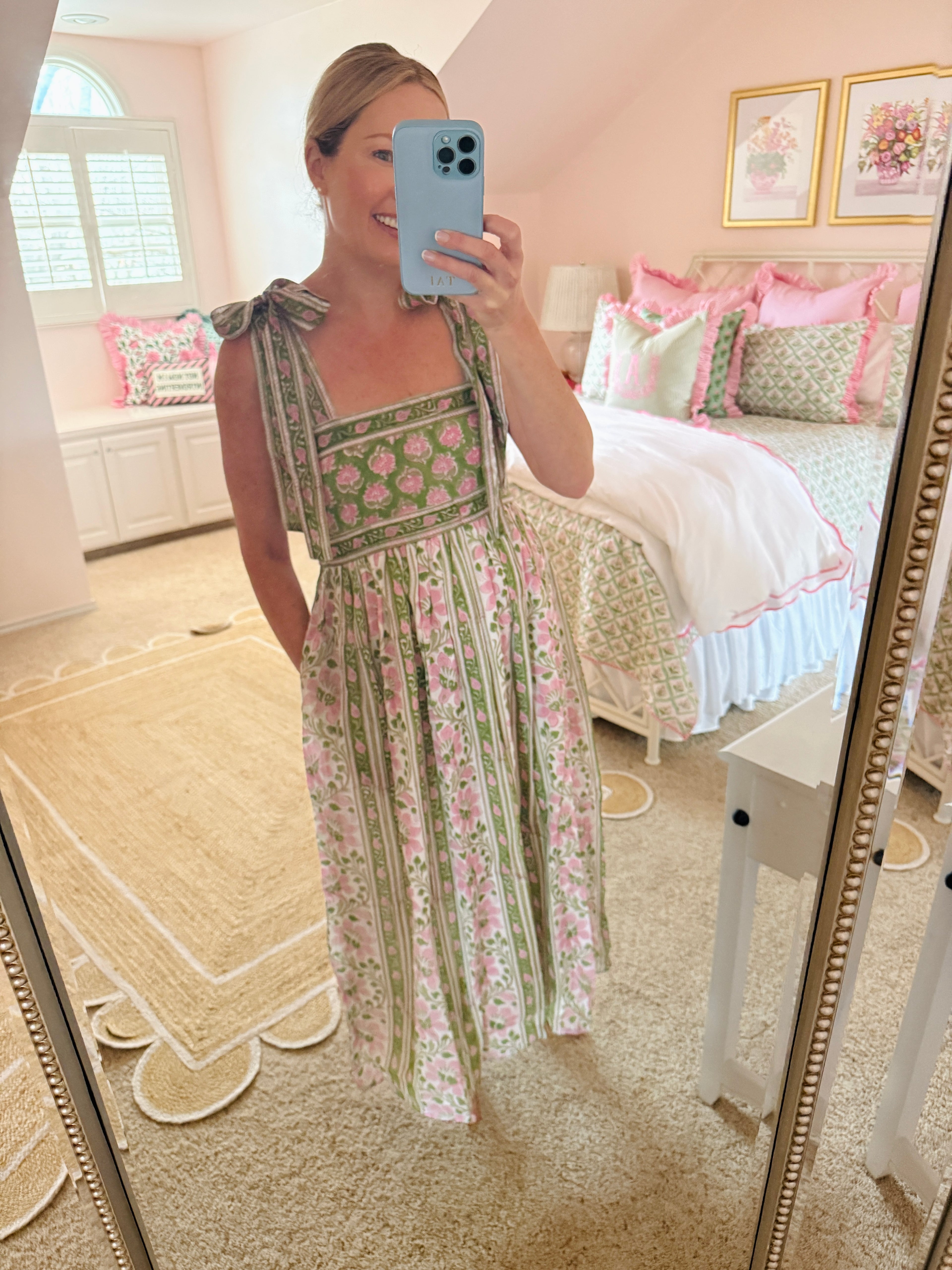 Lottie dress with tie shoulders in pink and green