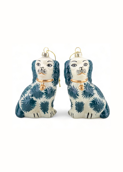 Glass Staffordshire dog ornament set of two, blue and white