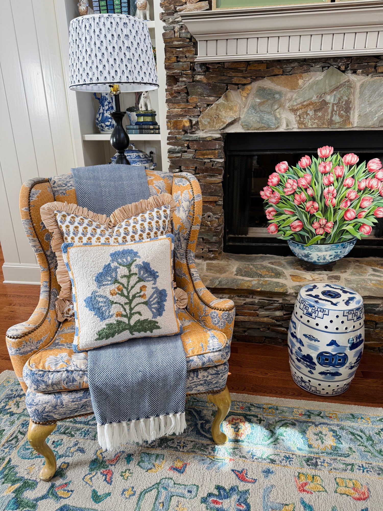 Mughal blue flower hand hooked pillow