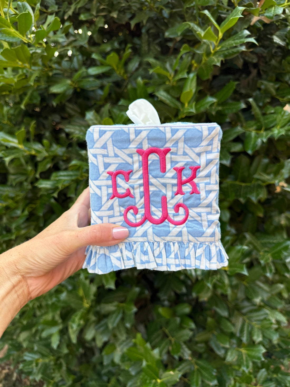 Light blue cane trellis block printed ruffle tissue cover, custom monogram available