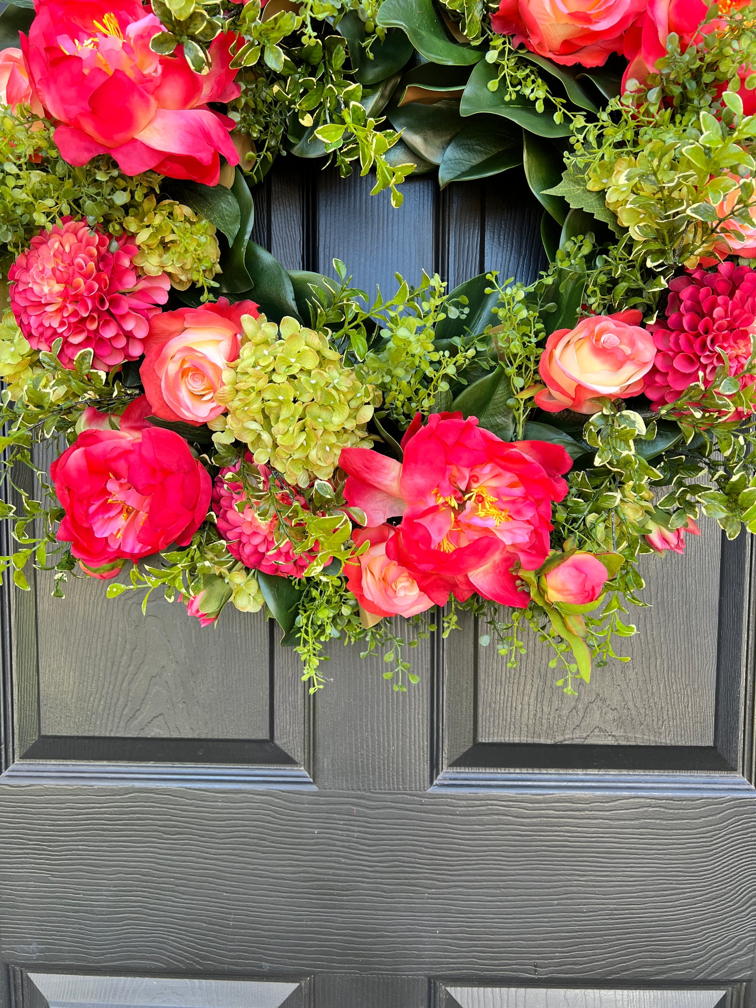 Coral and green Spring and Summer wreath with optional gingham dupioni ribbon