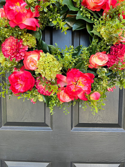 Coral and green Spring and Summer wreath with optional gingham dupioni ribbon