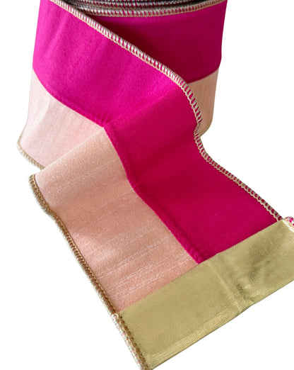 Fuchsia and peach two tone wired ribbon by the roll with gold backing 4”x10 yards