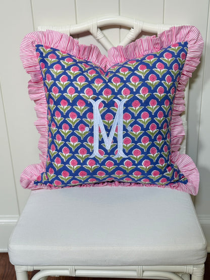 Violet and pink block print floral pillow cover, monogram available
