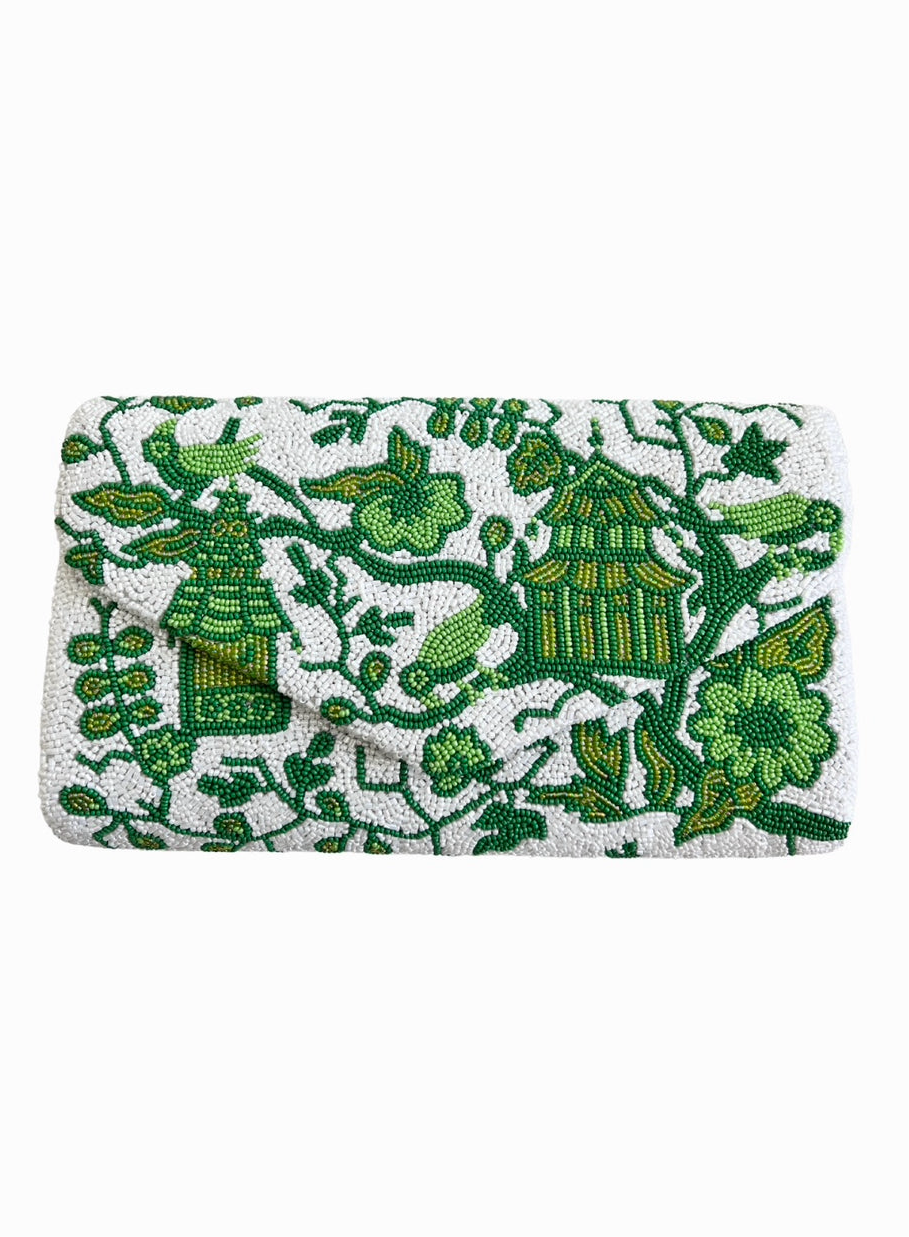 Hand beaded green and white chinoiserie clutch