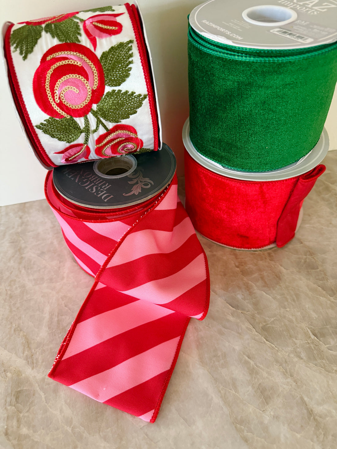 Pink and red diagonal striped ribbon by the roll, 4”x10 yards