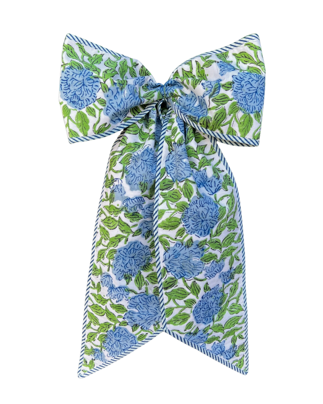 Blue and green hydrangea block print floral wreath sash bow with blue striped piping, monogram available