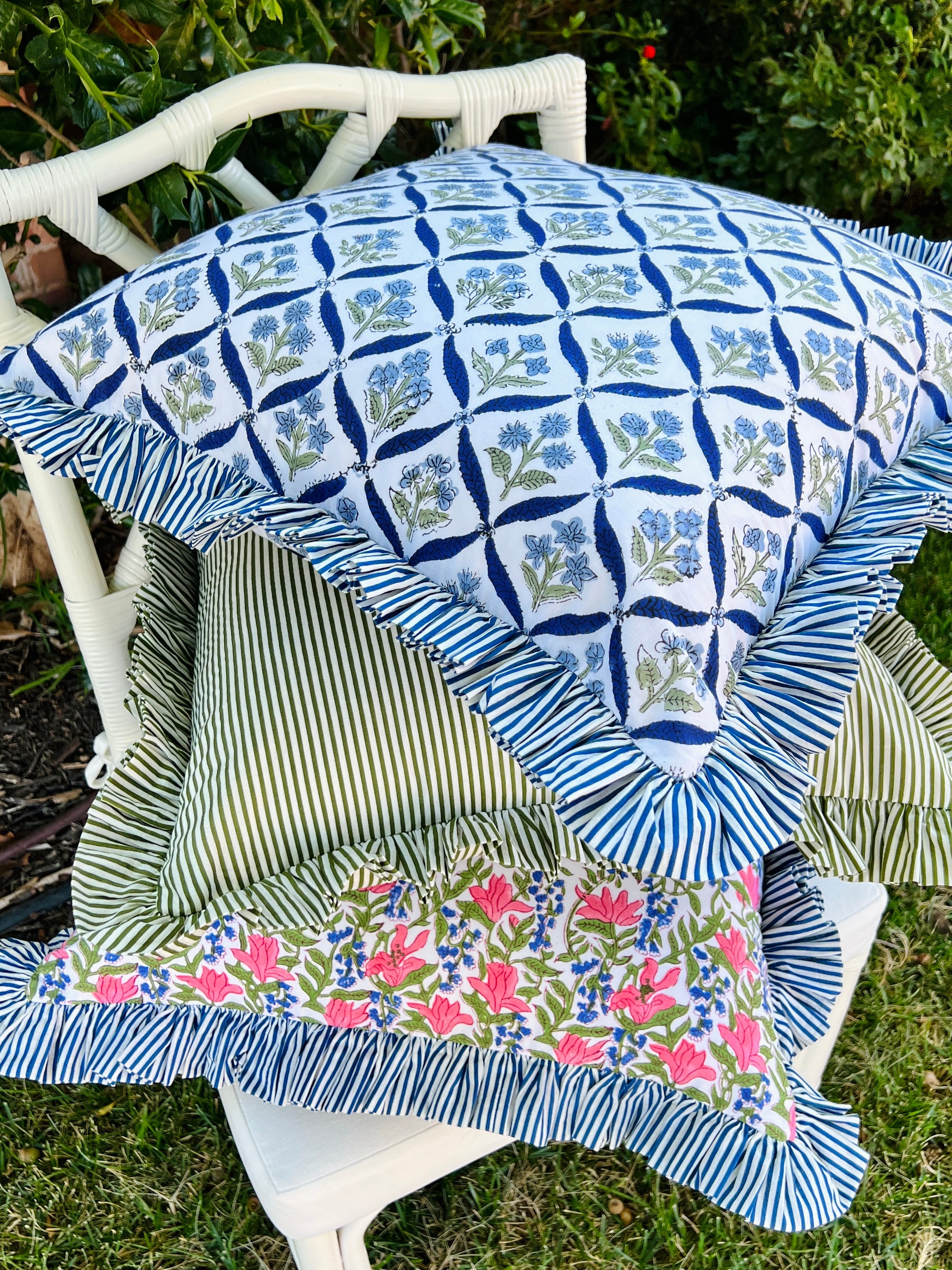 Blue and green floral trellis pillow cover, monogram available