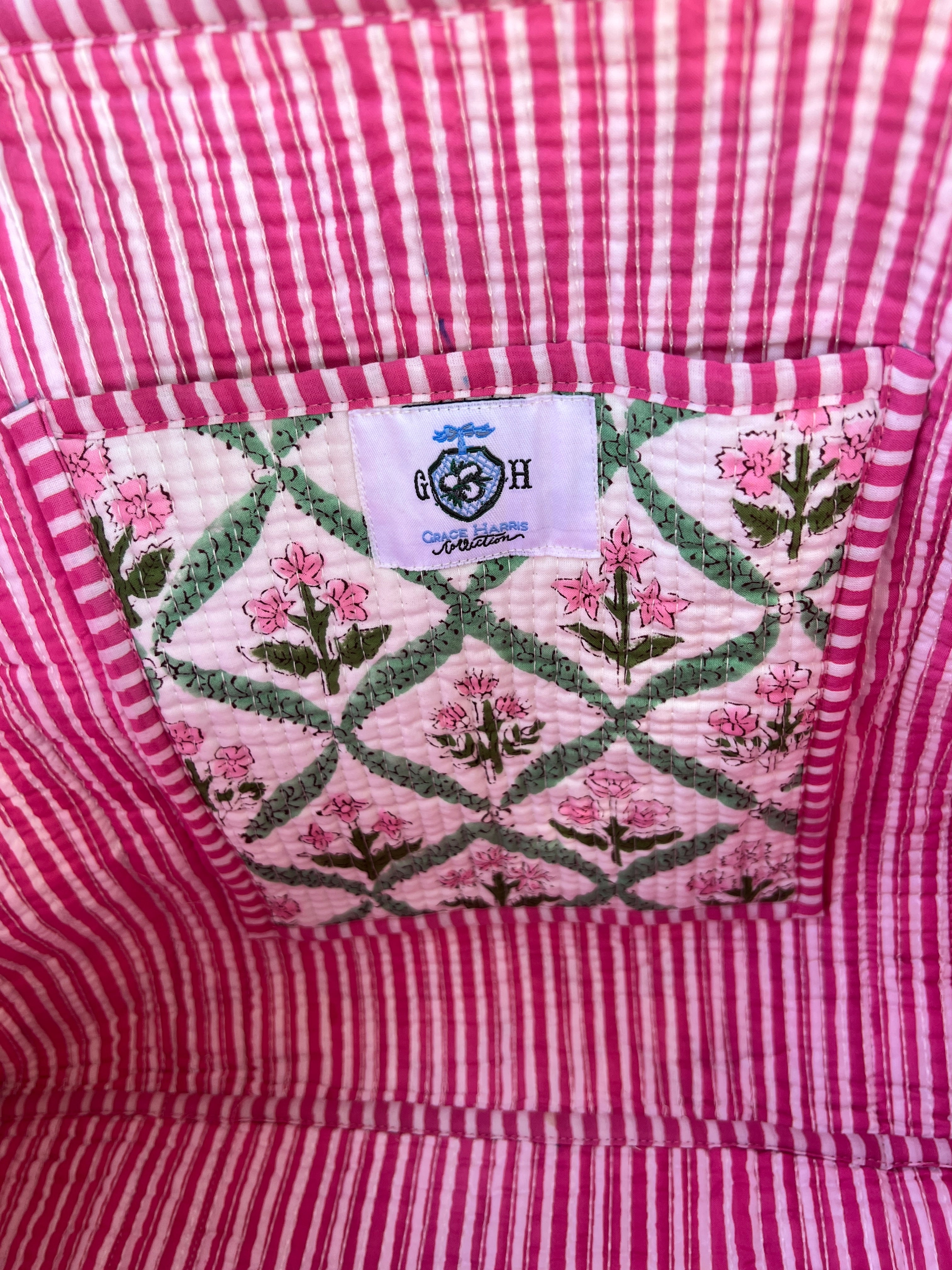 Pink and green quilted block print tote bag monogram available