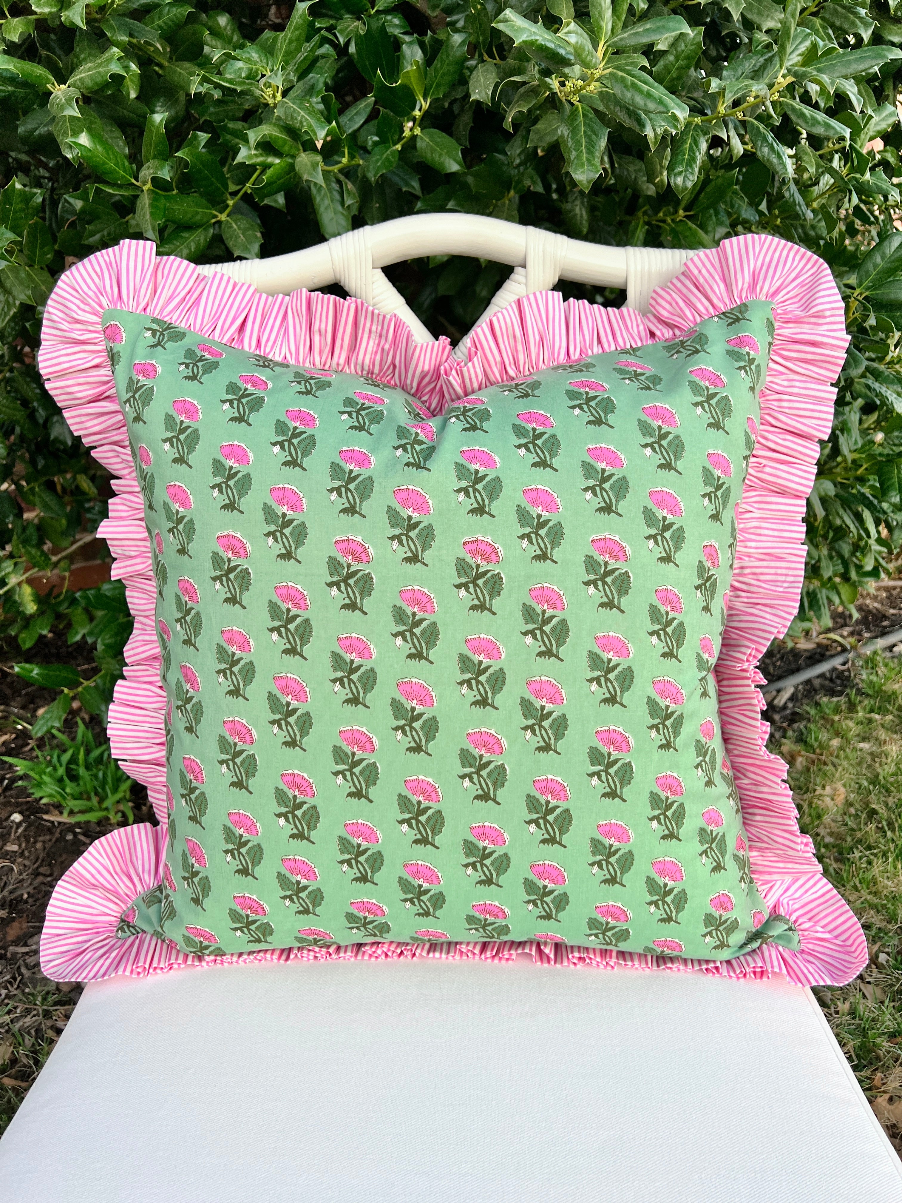 Green and pink floral block print ruffle pillow cover