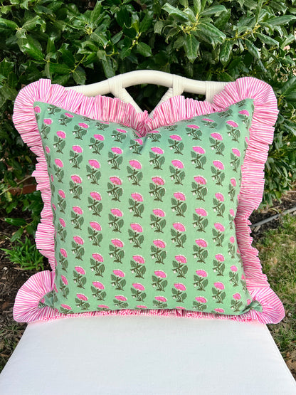 Green and pink floral block print ruffle pillow cover