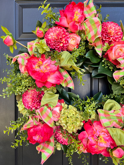 Coral and green Spring and Summer wreath with optional gingham dupioni ribbon