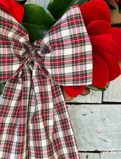 Classic red and white tartan plaid Christmas wreath sash