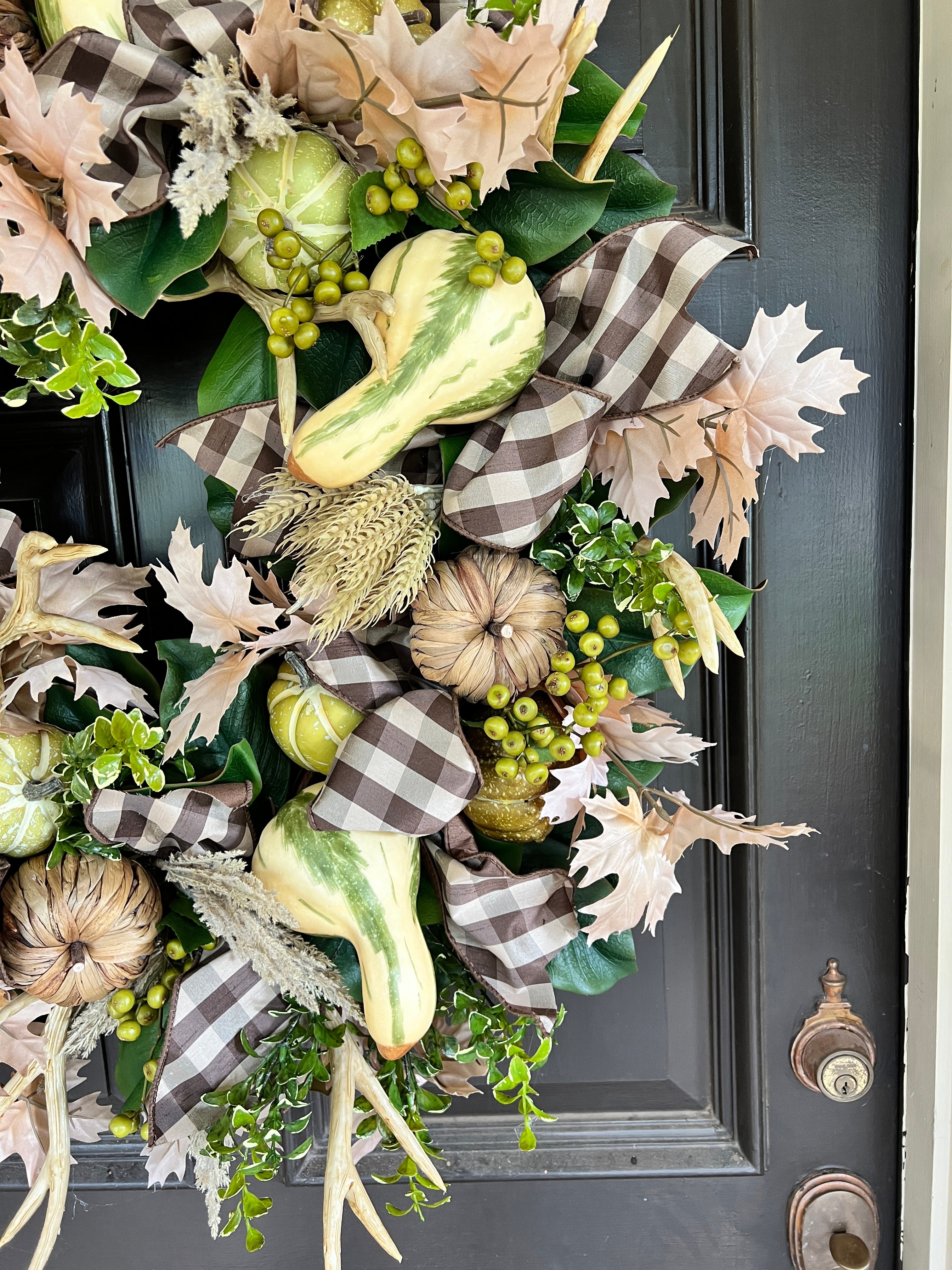 Pumpkin, gourd, and antler Fall wreath