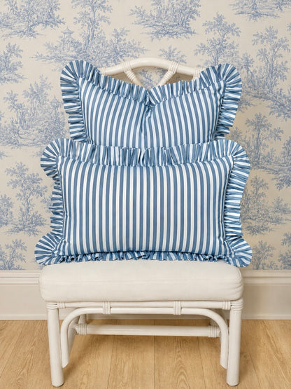 Hydrangea blue and white striped ruffle pillow cover