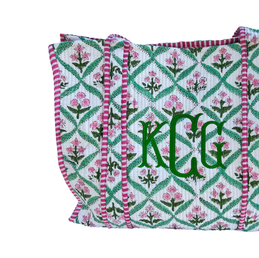 Pink and green quilted block print tote bag monogram available