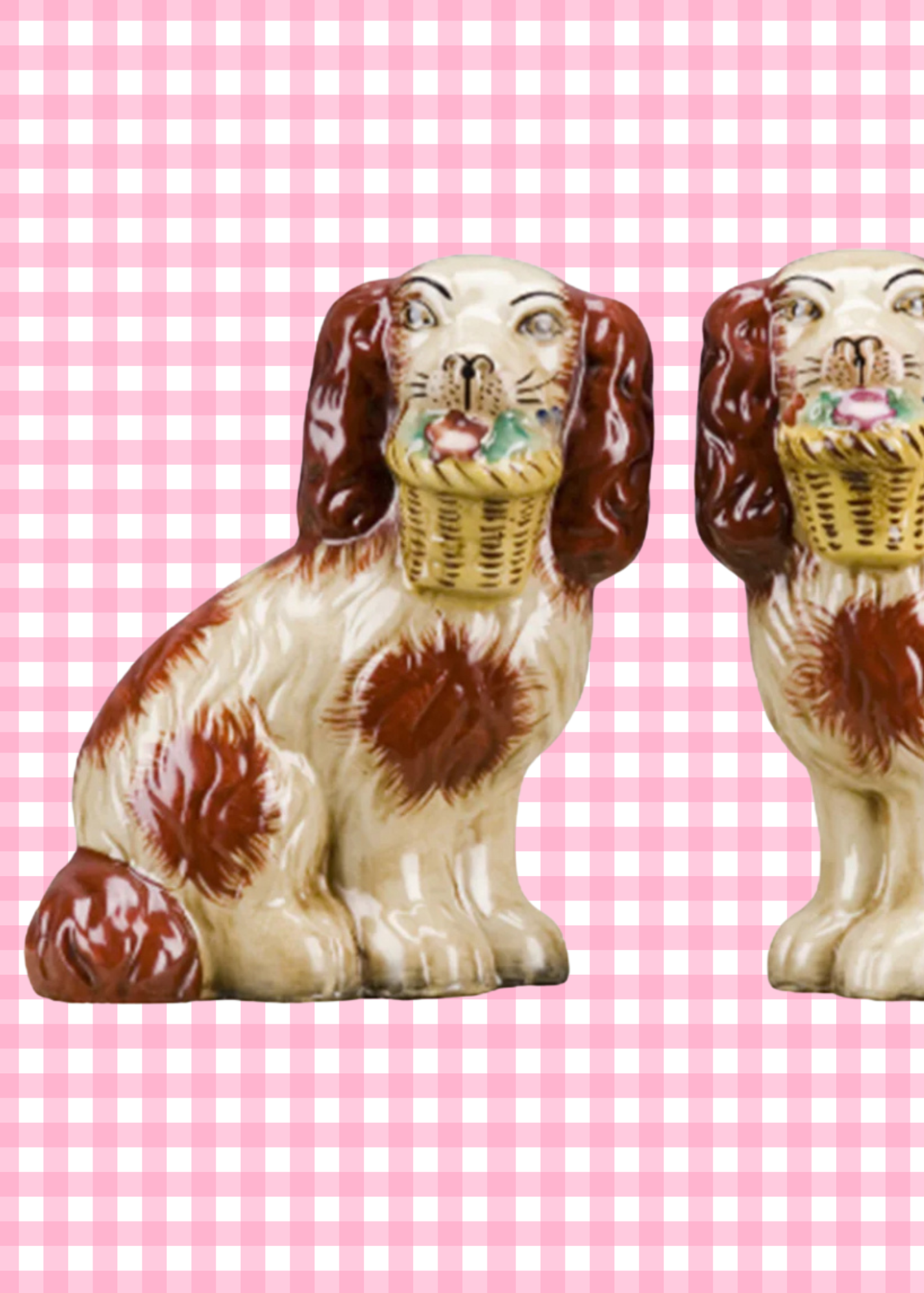 Staffordshire dog pair with flower baskets- rust