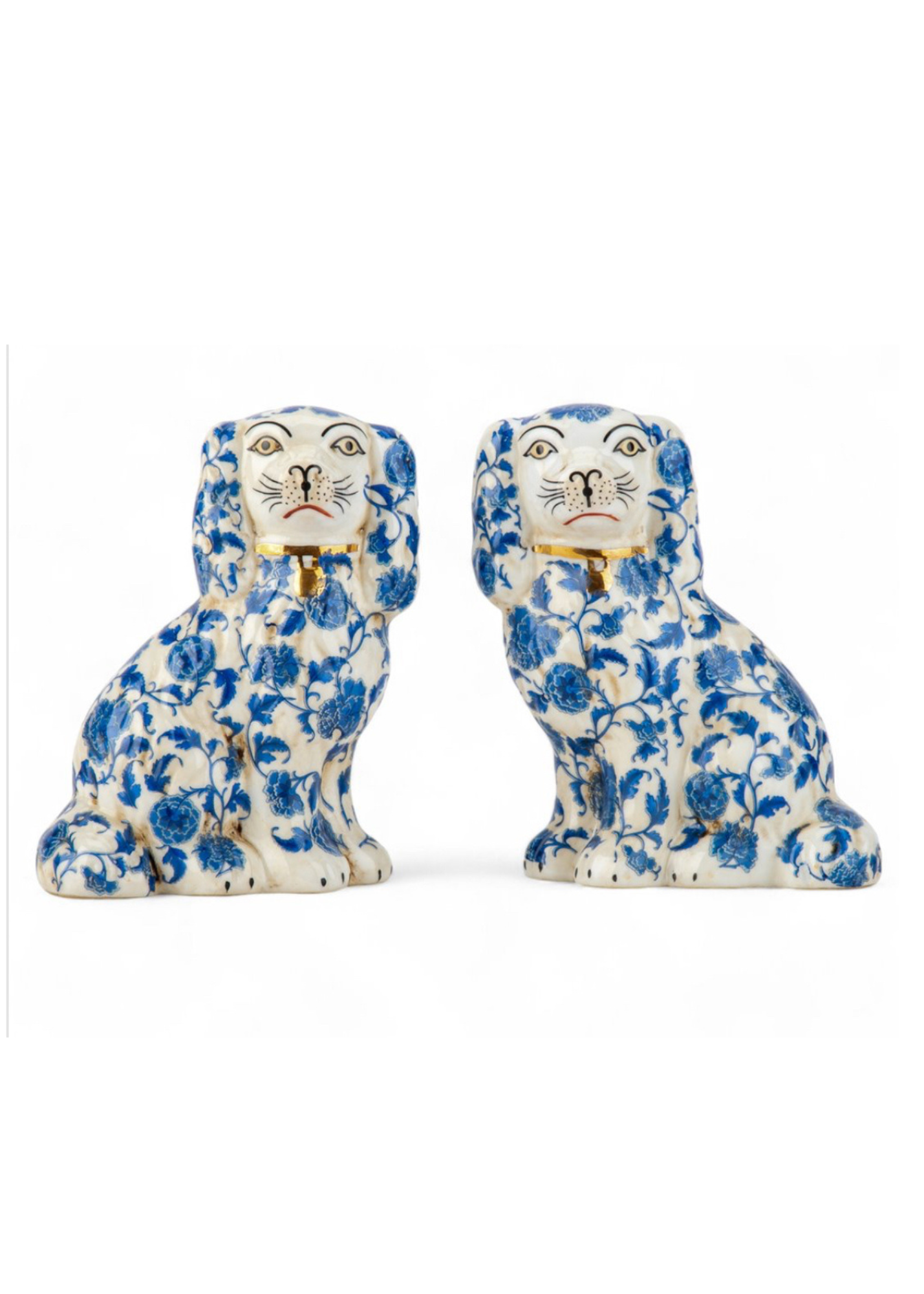 Blue and white floral Staffordshire dog pair 6” tall