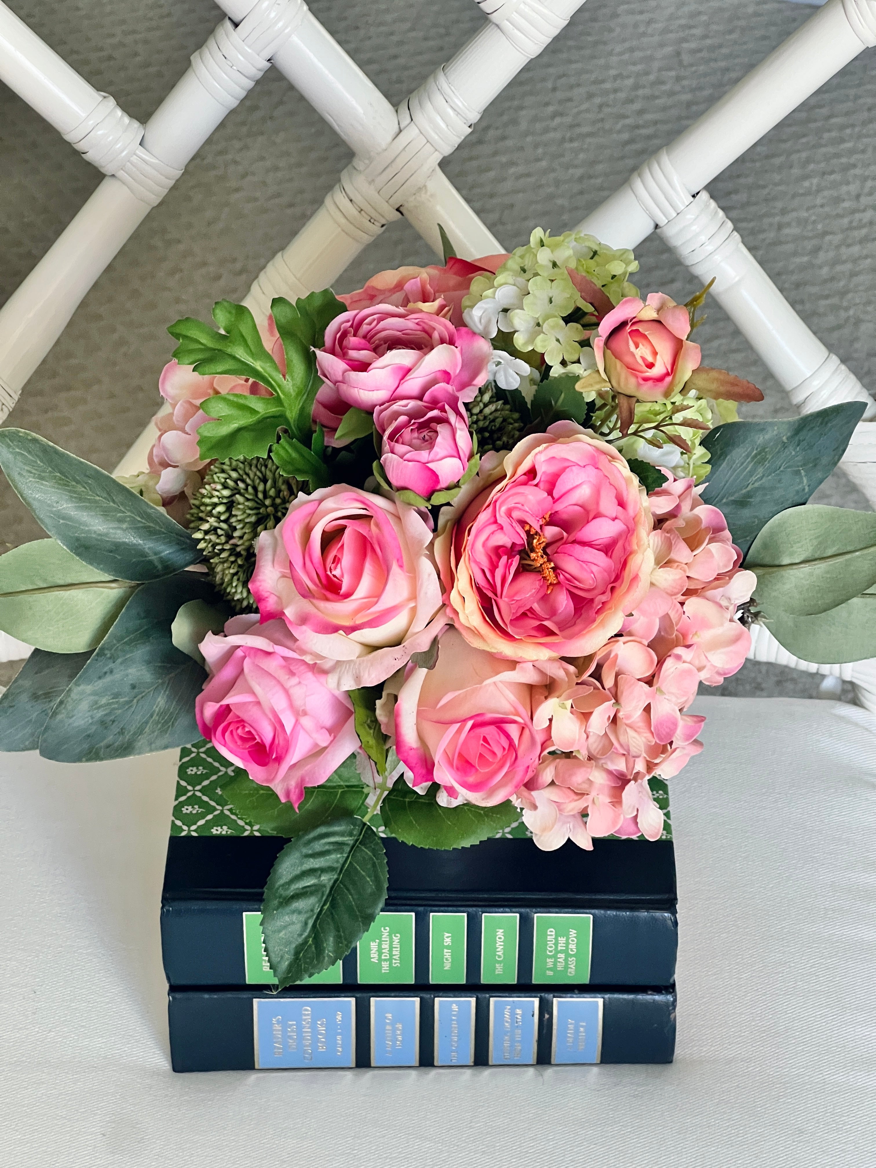 Petite faux floral arrangement, pink garden roses and hydrangeas in pink and white chinoiserie pot