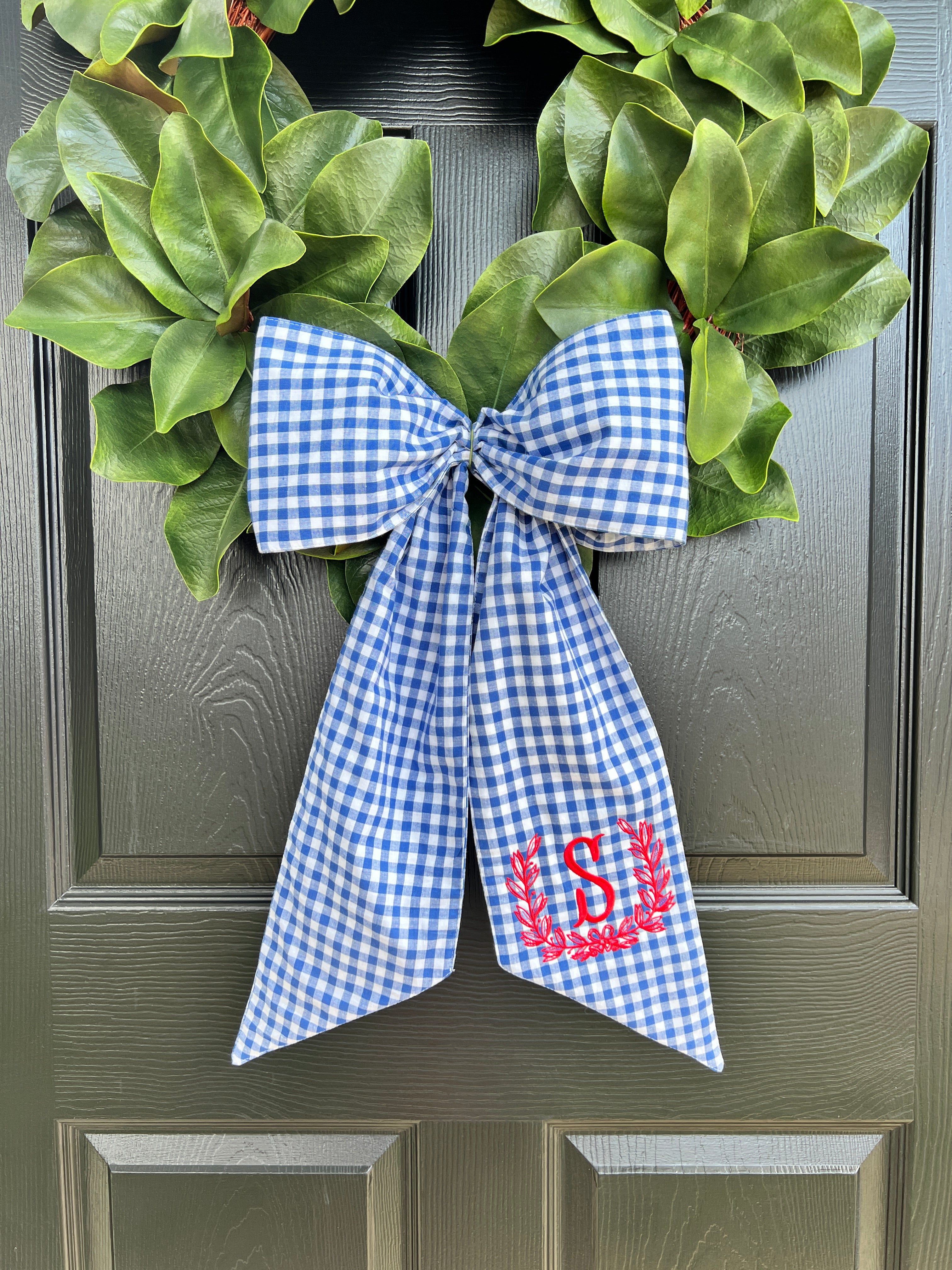 Blue and white gingham wreath bow sash custom monogram available