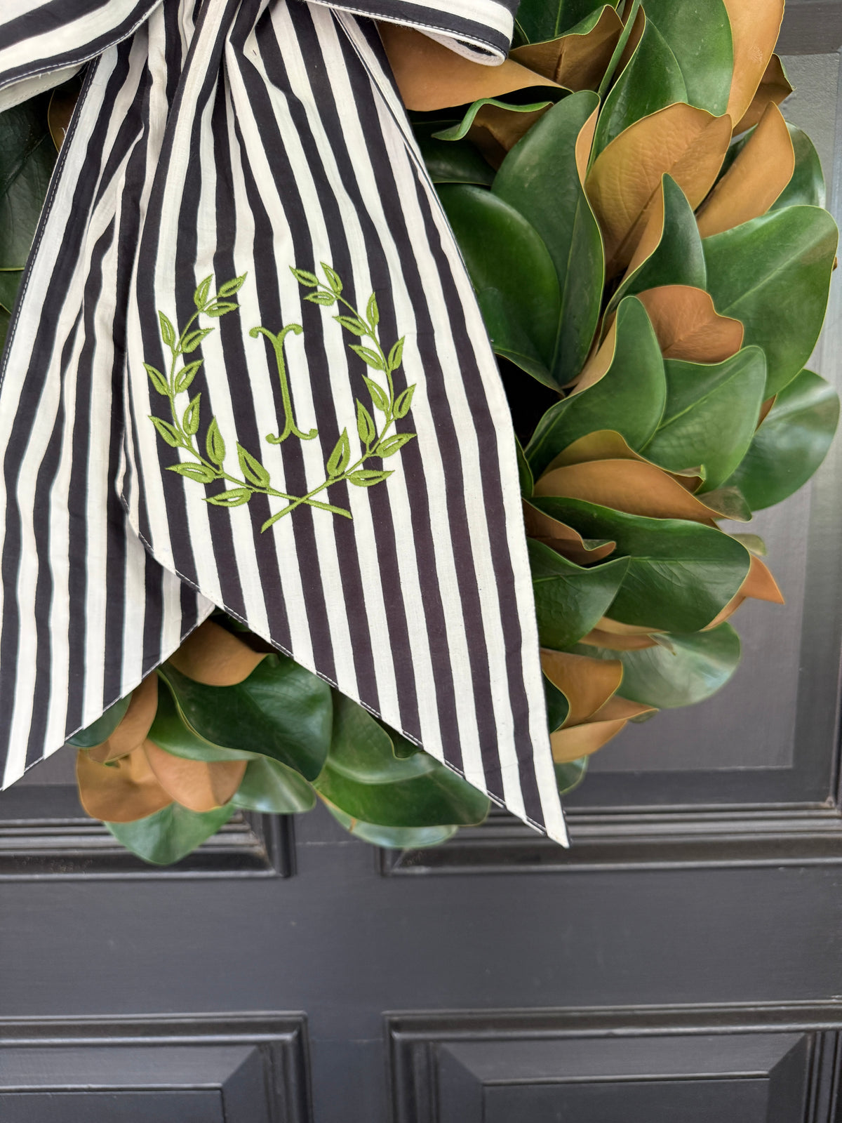 Black and white stripe signature wreath sash monogram available