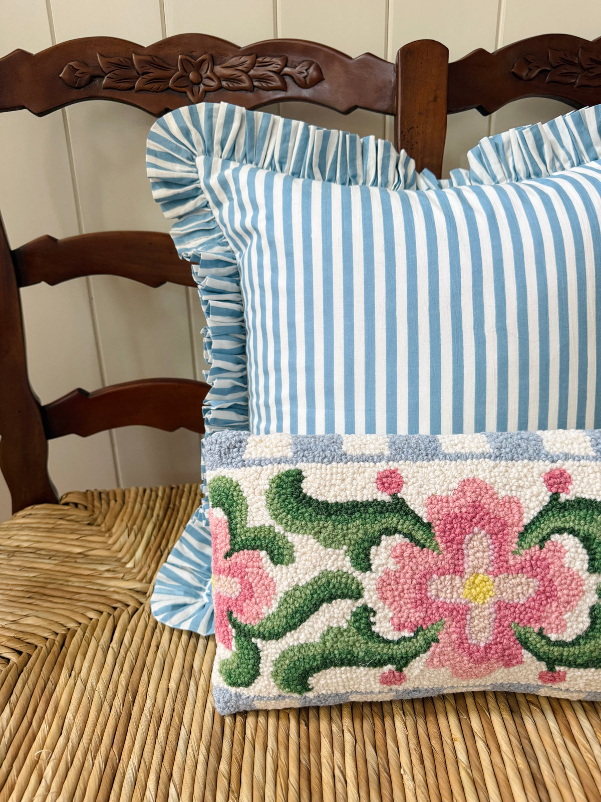 Spring floral tile lumbar pillow, hand hooked