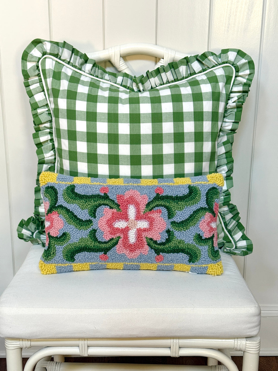 Spring floral tile lumbar pillow, hand hooked