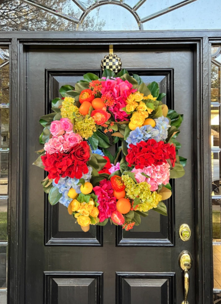 The “Mackie” bright, fabulous mixed floral wreath 30”