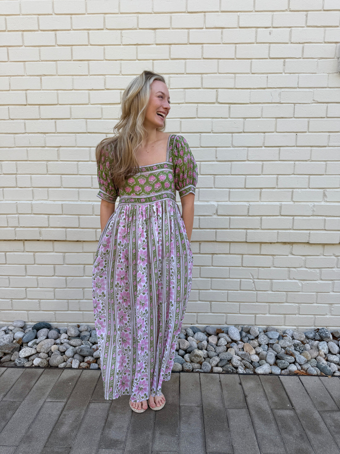 Lottie dress with puff sleeves in pink and green