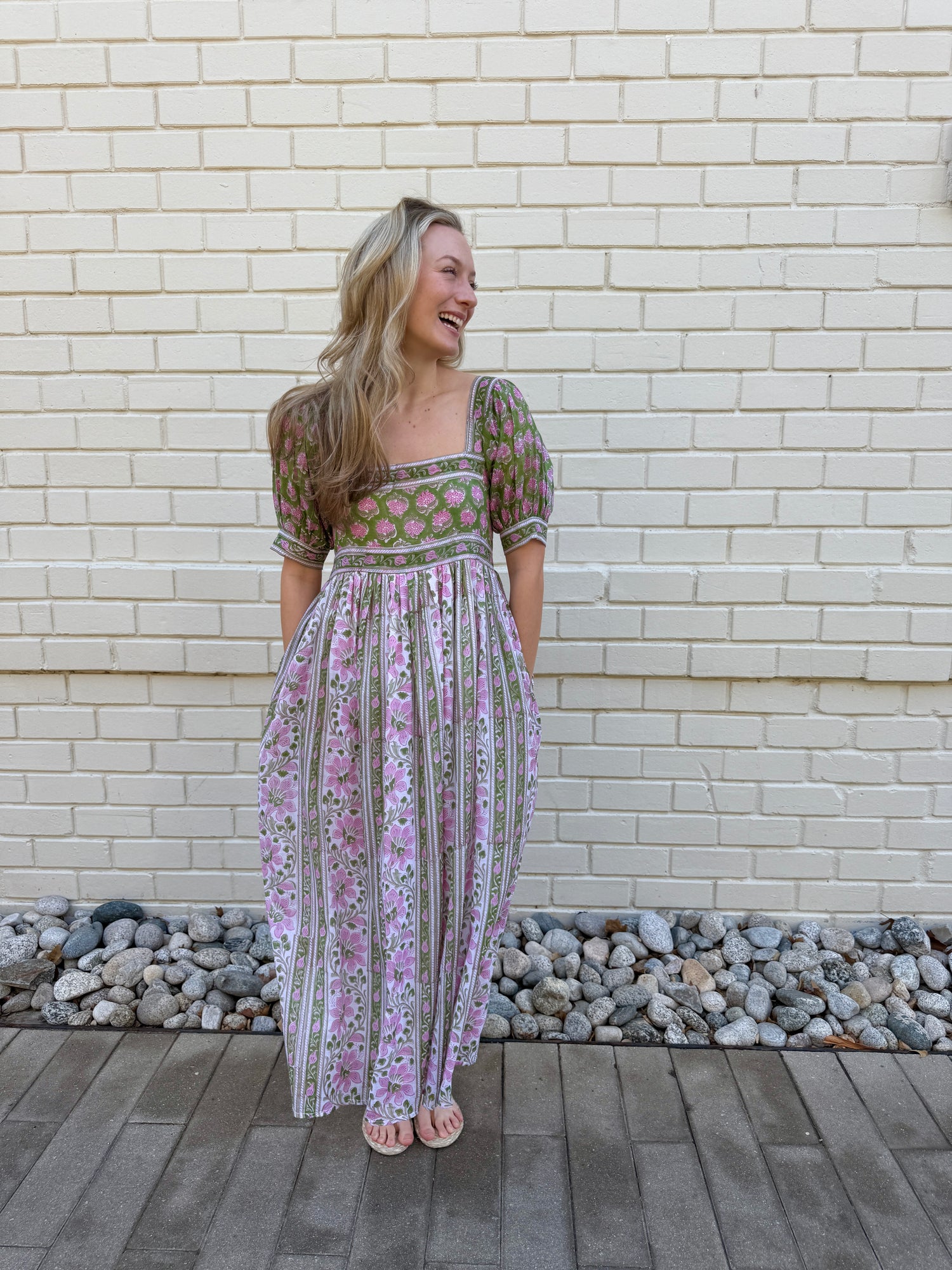 Lottie dress with puff sleeves in pink and green